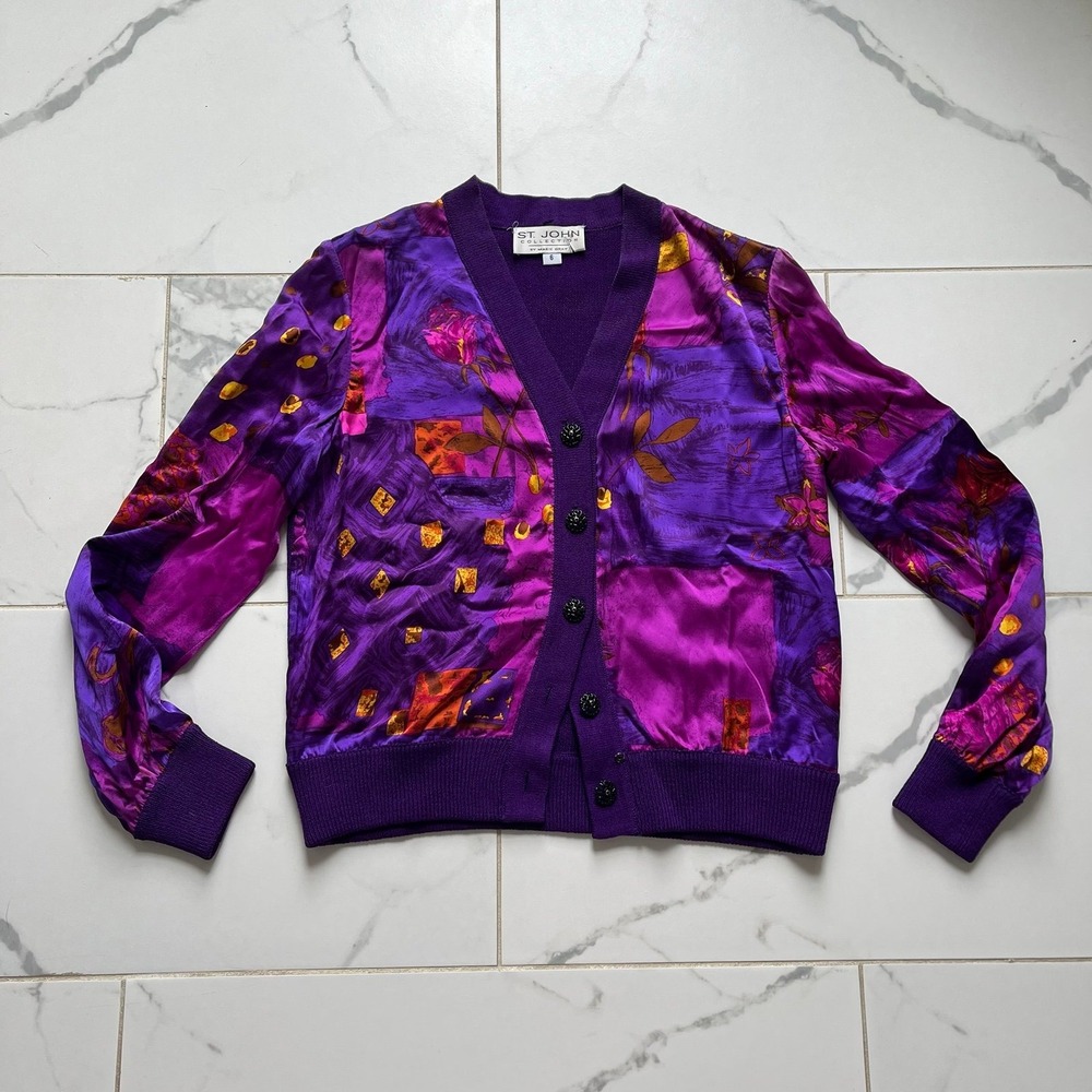 Vintage St. John Collection Silk Front Cardigan Santana Knit Purple Print Sz 6
